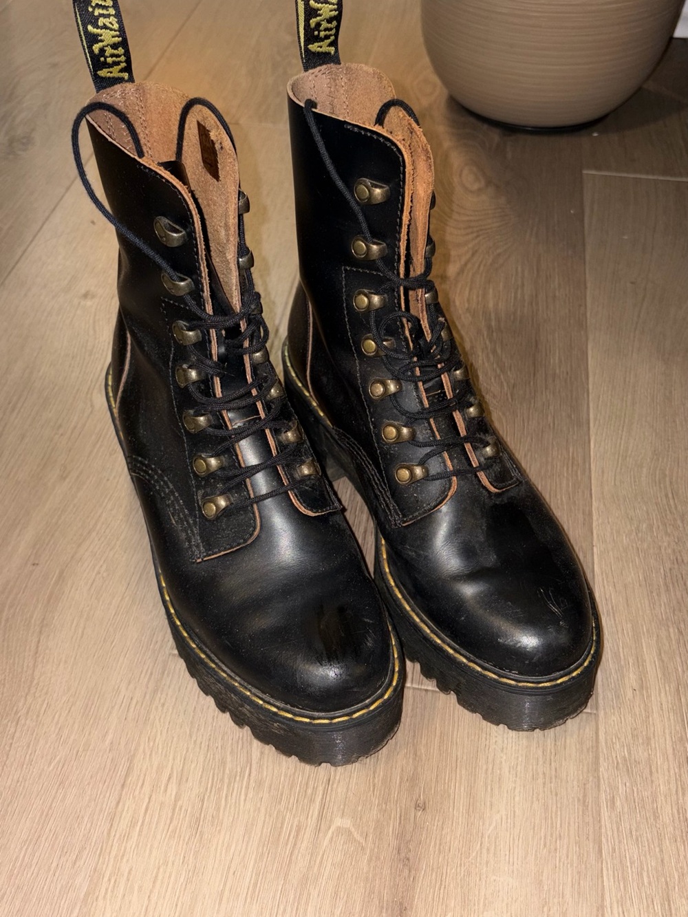 Dr. Martens Black Leather Lace-Up Platform Combat Boots with Yellow Stitching